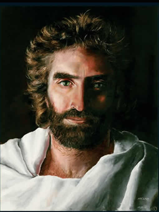 Imagem criativa de Jesus Cristo trajando branco, com expressão tranquila